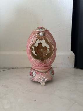 Vintage Pink Resin Egg Music Box with Cherubs and Angels Diorama
